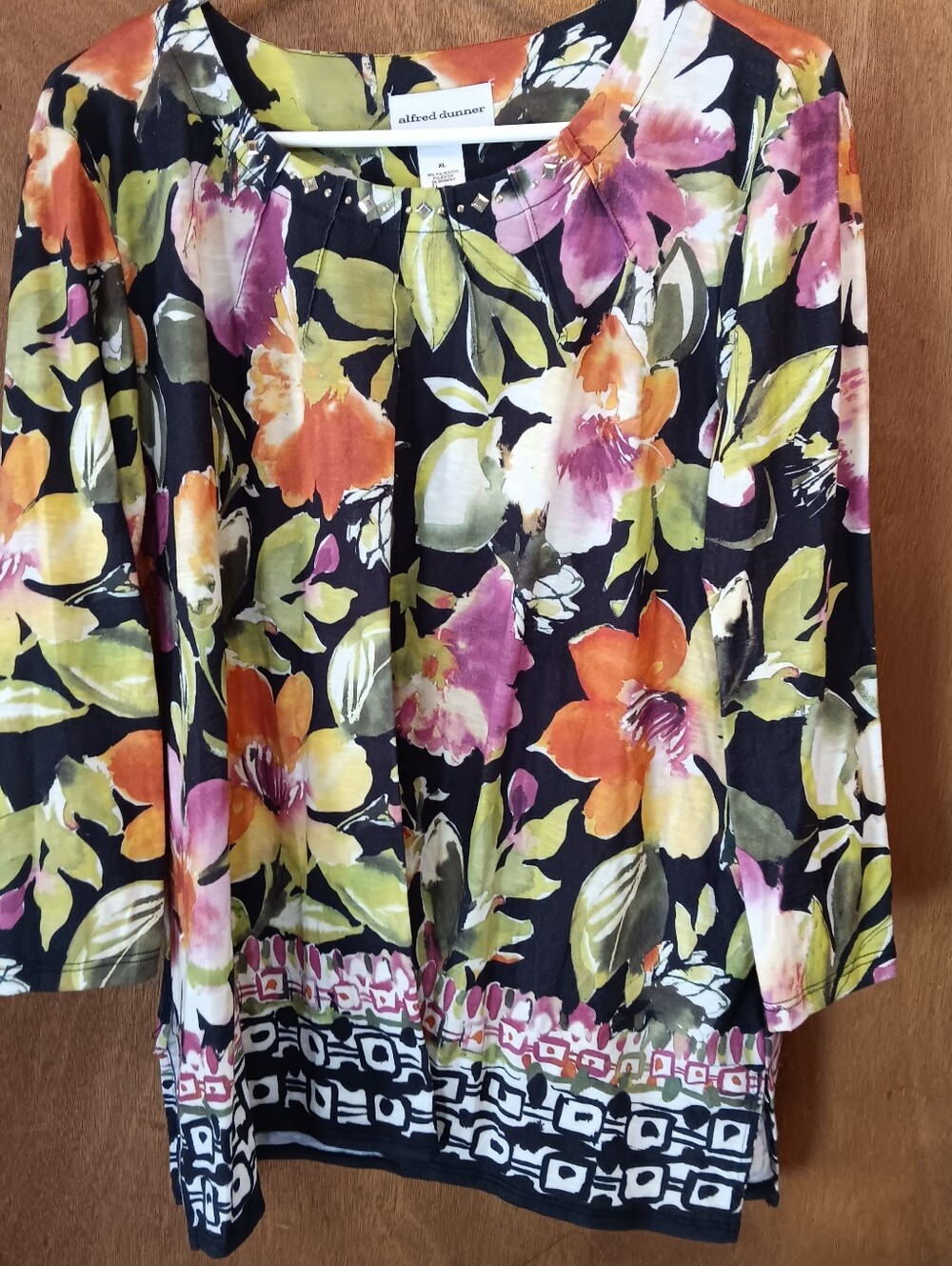Alfred Dunner Black Tunic Top with Orange, Pink & Green Floral Print
